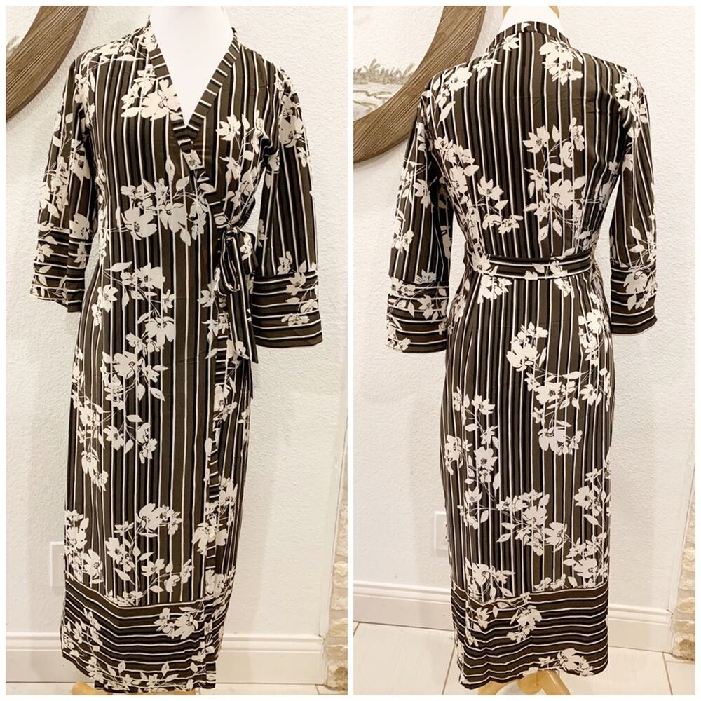 Sisley Long Maxi Striped Floral Kimono Wrap Dress Olive Black Cream
